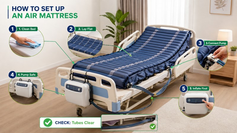 Caregiver connecting the air pump while setting up a medical air mattress