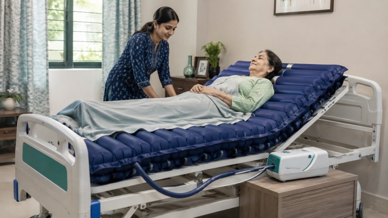 Caregiver assessing a bedridden patient's needs before choosing a mattress