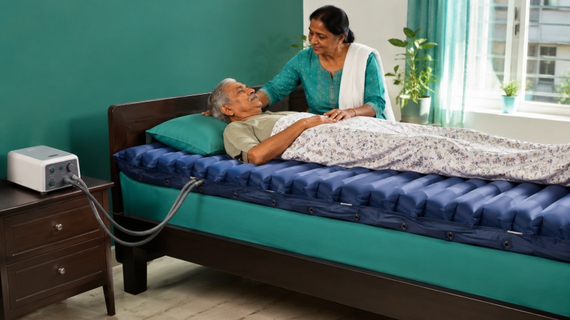 Icosano caregiver helping a family set up medical bed care in Kolkata