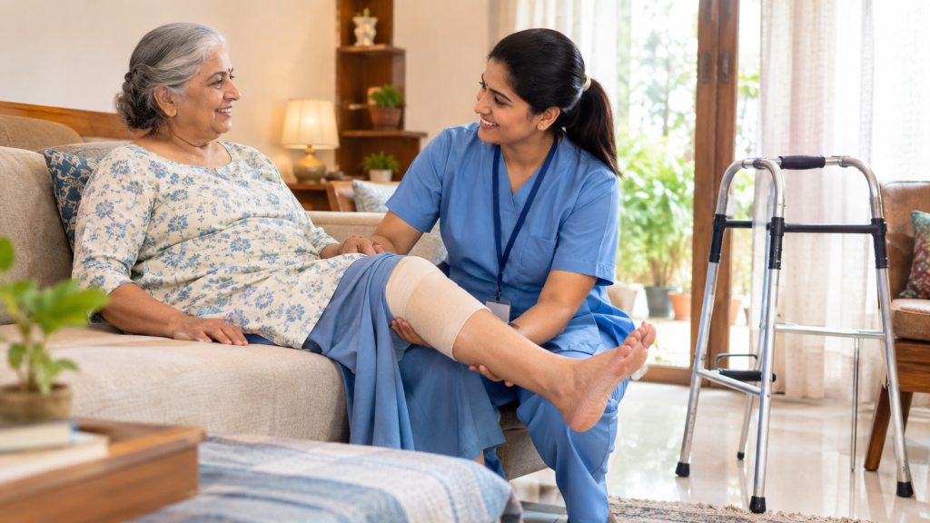 Indian physiotherapist providing home healthcare support to an elderly woman recovering from knee replacement surgery